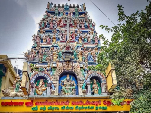 Kalikambal Kamadeswarar Temple, historic Hindu temple in Chennai with colorful Dravidian gopuram and deity sculptures