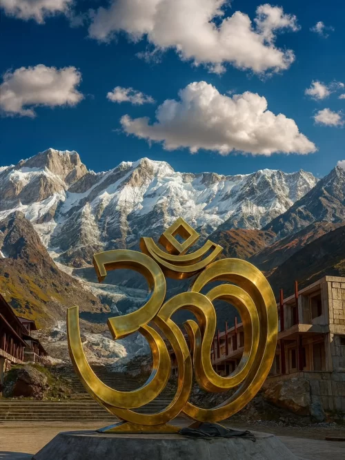 Kedarnath – Om symbol sculpture with Himalayan peaks featured in Uttarakhand tour packages