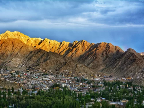 Kibber Village near Kaza during golden hour sunset, featuring village houses green trees golden brown mountains, perfect cultural experience Himachal tour package.