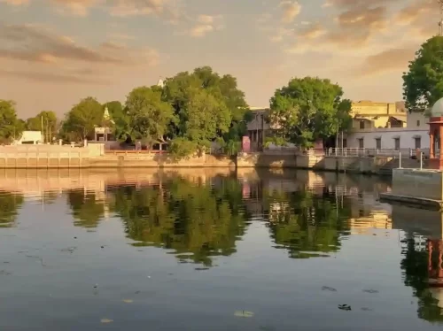 Kolayat Lake Bikaner Sacred desert oasis with 52 ghats and banyan trees dedicated to Sage Kapil Muni Rajasthan.