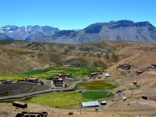 Komic Village near Kaza during clear skies, featuring traditional houses paddy fields rocky valley snow peaks, perfect cultural experience Himachal tour package.