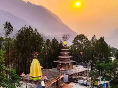Kuteti Devi Temple Almora hilltop Hindu shrine with sunset views over Kumaon Himalayas Uttarakhand