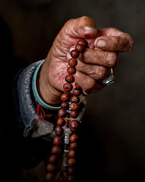 Close up of a local person's weathered hand holding traditional wooden prayer beads. Ladakh tour packages.