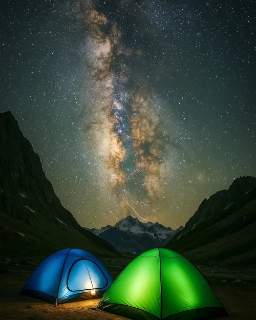Milky Way galaxy over Hanle Ladakh with camping tents under a crystal-clear night sky, an unforgettable experience in Ladakh tour packages