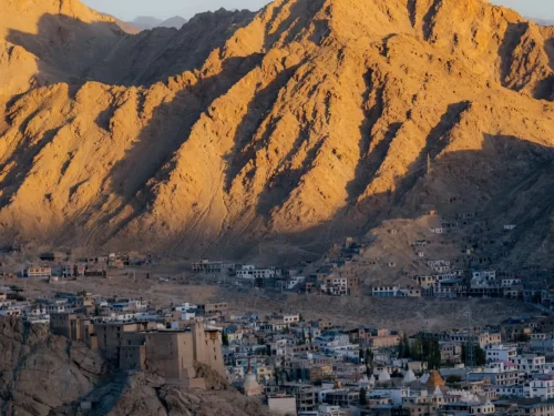 Leh Palace overlooking Leh town with traditional white mud-brick buildings nestled against dramatic golden-hour rugged Himalayas mountains, perfect India tour package.