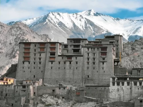 Leh Palace majestic nine-story mud-brick fortress against snow-capped Stok Kangri peaks, rocky Ladakh terrain under partly cloudy sky, perfect India tour package.