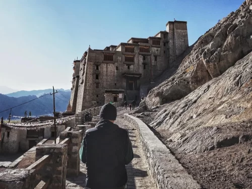 Leh Palace towering multi-tiered facade on rocky hillside with visitors ascending stone path amid prayer flags and distant snowy mountains under clear blue sky, perfect India tour package. 