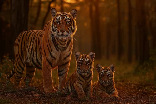 Royal Bengal Tiger at Kanha National Park during morning, featuring lush sal forest, adventure Madhya Pradesh tour package.