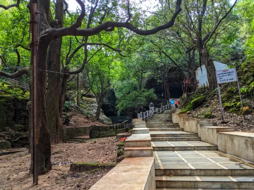 Mahadeo Caves in Pachmarhi with forest pathway and sacred Shiva shrine, Madhya Pradesh pilgrimage tourism site