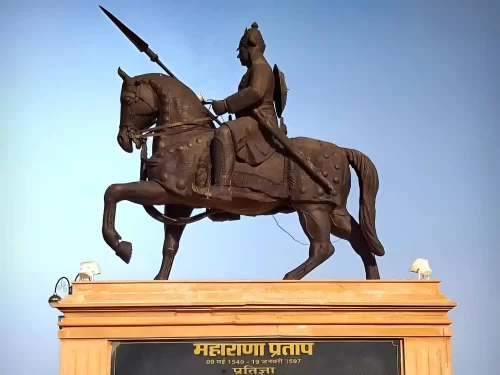 Maharana Pratap Smarak Udaipur Bronze statue on Pearl Hill honoring the legendary Rajput king and his horse Chetak Rajasthan.
