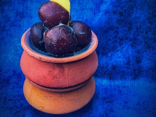 Mawa Bati, rich Rajasthani milk dumplings soaked in fragrant sugar syrup, served in a rustic earthen pot.