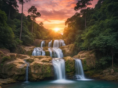 Double Decker Living Root Bridge at Cherrapunji during morning, featuring lush jungle and stream, adventure Meghalaya tour package.