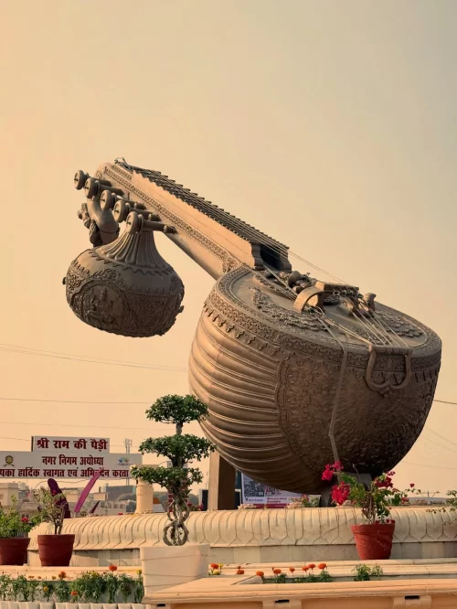 Giant veena sculpture in Ayodhya Uttar Pradesh symbolizing devotion and culture featured in Uttar Pradesh tour packages