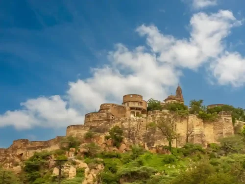Moti Doongri Fort Jaipur Hilltop citadel shaped like a Scottish castle overlooking the Birla Mandir temple Rajasthan.