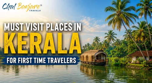 Must Visit Places in Kerala for First Time Travelers featuring a traditional houseboat cruising down calm backwaters lined with tall palm trees and lush greenery tailored for a Kerala travel guide blog