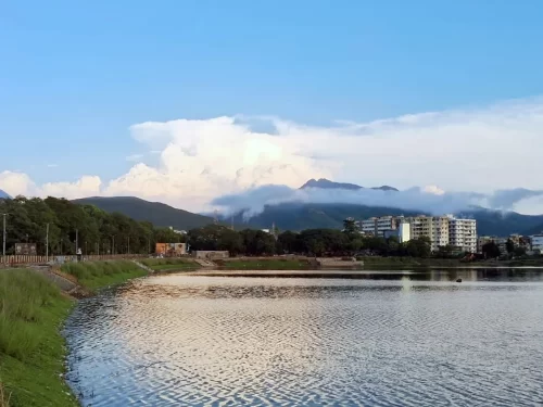 Narsinh Mehta Lake Junagadh, scenic urban lake in Gujarat, popular tourist spot with Girnar Hills backdrop in India.