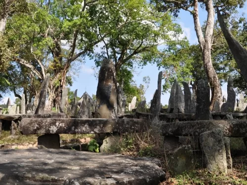 Nartiang Monoliths stone pillars at Jowai Meghalaya during sunny day, featuring tall megaliths stone platform trees backdrop, perfect cultural heritage Meghalaya tour package.