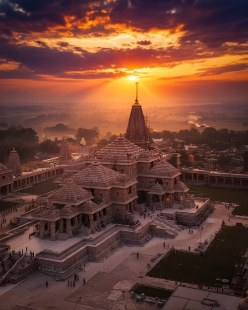 Sunset aerial view of Ram Mandir in Ayodhya Uttar Pradesh showcasing magnificent temple architecture and spiritual ambiance in Uttar Pradesh tour packages
