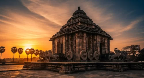 Konark Sun Temple at Odisha during sunset, featuring chariot wheels and stone horses, perfect adventure Odisha tour package.