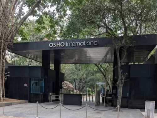 Osho Garden Pune. Serene Zen garden near Osho International Meditation Resort with lush greenery and walking paths.