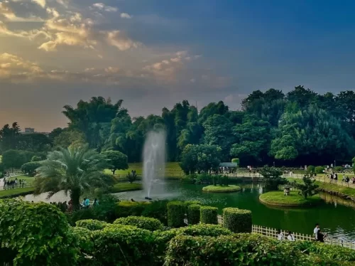 P L Deshpande Garden Pune. Japanese-style landscaped garden with serene lake, fountains and lush greenery.