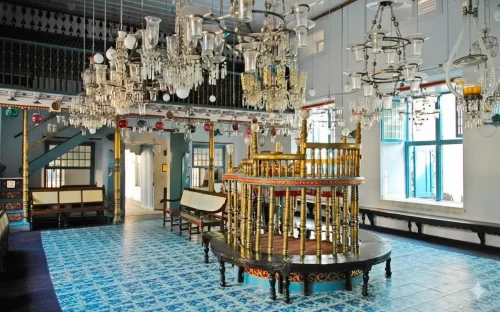Paradesi Synagogue in Kochi, historic Jewish synagogue with Belgian chandeliers and hand-painted tiles.
