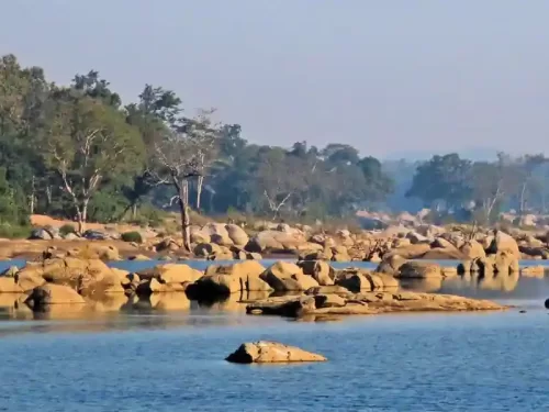 Pench River and Backwaters scenic river landscape with rocky banks in Madhya Pradesh tour packages