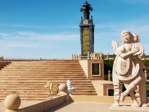 Pragya Shikhar Todgarh Massive black granite memorial monument atop a hill in the Aravalli range Rajasthan.