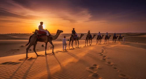 Camel safari at Jaisalmer during sunset, featuring sand dunes, perfect adventure Rajasthan tour package.