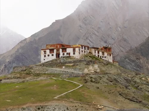 Rangdum Monastery, remote Buddhist monastery in Suru Valley, Ladakh surrounded by dramatic Himalayan mountains.