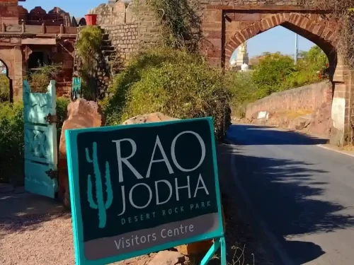 Rao Jodha Desert Rock Park Jodhpur Ecologically restored volcanic wasteland featuring native lithophytic plants and trails through 72-hectare rhyolite rock formations Rajasthan.
