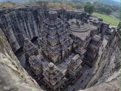 Rashtrakuta Era Shri Kailasa Temple Ellora. UNESCO World Heritage rock-cut temple carved from a single monolithic rock. 