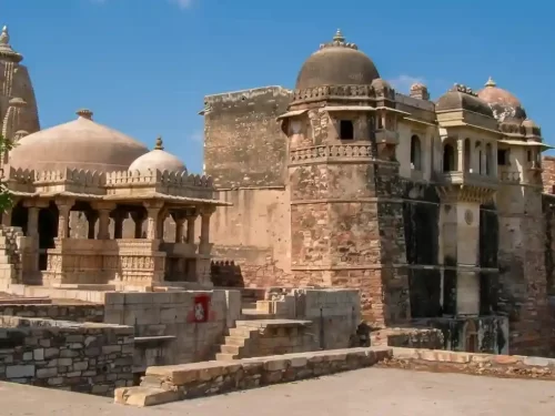 Ratan Singh Palace Chittorgarh Massive 16th-century royal monument featuring stone arched windows, open courtyards, and a scenic location on the banks of Ratneshwar Lake Rajasthan.