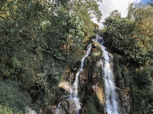 Rimbi Waterfall Pelling cascading over rocky cliffs amid dense green forest, tranquil nature escape, perfect romantic Sikkim tour package.