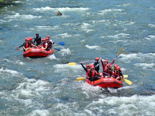 River Rafting adventure with team paddling inflatable raft through thrilling white water rapids.