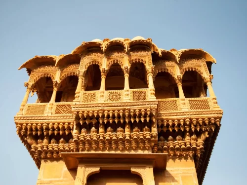 Salim Singh Ki Haveli Jaisalmer Distinctive 19th-century sandstone mansion featuring a unique peacock-shaped roof and thirty-eight delicately carved balconies Rajasthan.