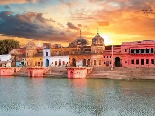 Saryu Ghat Ayodhya, serene riverfront steps along the sacred Saryu River with historic temples and vibrant sunset views in Uttar Pradesh.