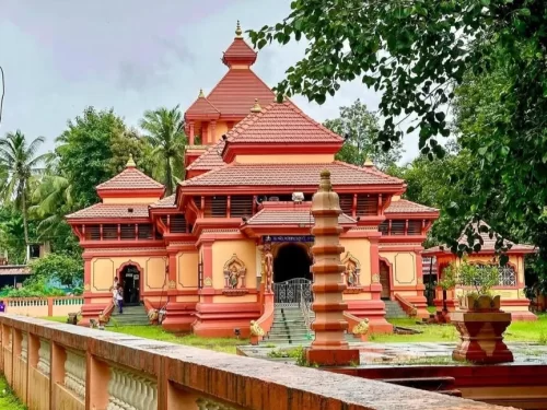 Shanta Durga Temple Goa vibrant Hindu temple with red-tiled roofs and traditional Goan temple architecture