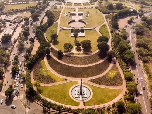 Aerial view of Shaurya Smarak in Bhopal, Madhya Pradesh, featuring landscaped gardens, memorial structures, and a central monument dedicated to the armed forces, a prominent landmark included in Madhya Pradesh tour packages
