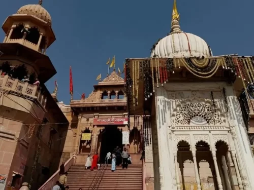Shree Radha Rani Temple Barsana hilltop Hindu temple with domes and grand staircase, Uttar Pradesh
