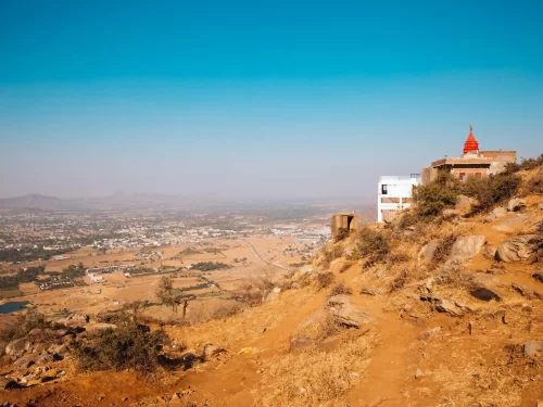Shree Savitri Mata Temple Pushkar Hilltop Hindu shrine dedicated to the goddess Savitri, featuring a modern ropeway and panoramic views of the Pushkar Lake and desert Rajasthan.
