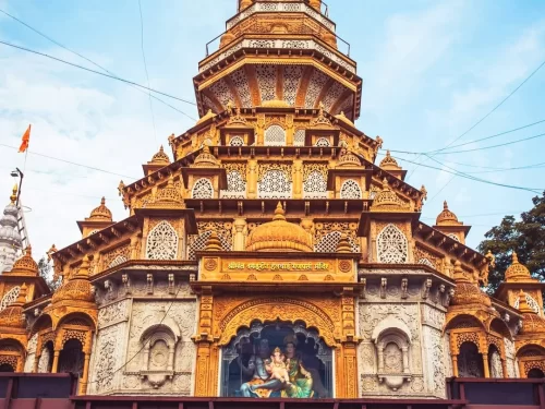 Shrimant Dagdusheth Halwai Ganpati Mandir Pune. Famous Ganesh temple known for grand architecture and festive celebrations.