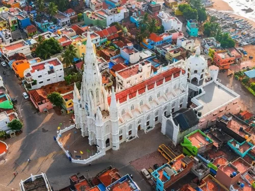 Shrine of Our Lady of Ransom, iconic white Gothic-style church in Kanyakumari near the seafront