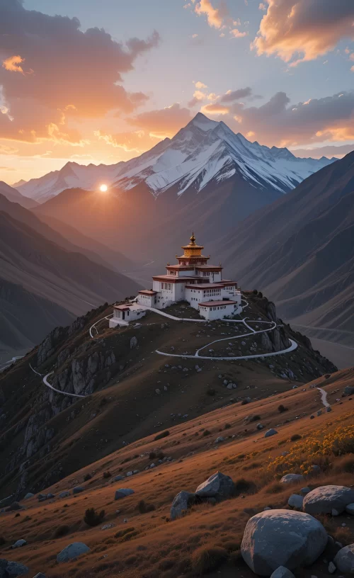 Kaza, Spiti Valley – hilltop monastery with Himalayan peaks at sunset featured in Himachal Pradesh tour packages