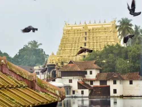 Sri Anantha Padmanabha Swamy Temple, iconic golden gopuram temple in Thiruvananthapuram with sacred temple pond view