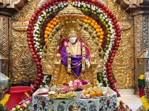 Sri Naga Sai Mandir, beautifully decorated Shirdi Sai Baba temple with golden altar and floral offerings in Coimbatore
