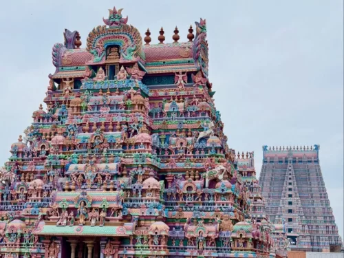 Sri Ranganathaswamy Temple, grand Vishnu temple in Srirangam with towering colorful gopurams and Dravidian architecture