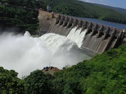 Srisailam Dam, massive hydroelectric dam on Krishna River with scenic reservoir views in Andhra Pradesh.
