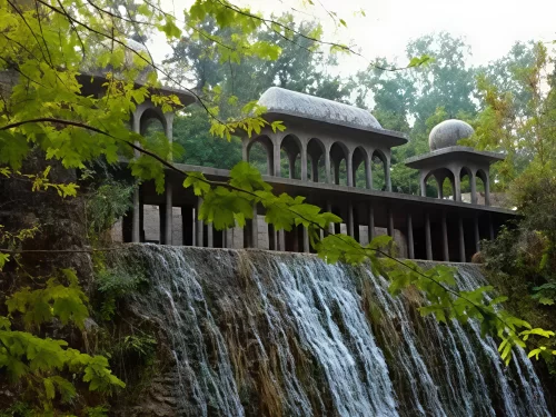 Architectural dome structures at Rock Garden Chandigarh during misty morning, featuring cascading waterfall, green trees, perfect cultural Himachal Pradesh tour package.