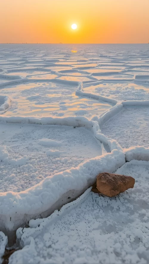 Sunset over white salt flats at Rann of Kutch Gujarat with unique cracked patterns showcasing breathtaking desert landscapes in Gujarat tour packages